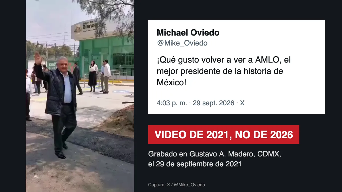 Captura del video viral de López Obrador afuera de un Banco del Bienestar, con la leyenda Video de 2021, no de 2026
